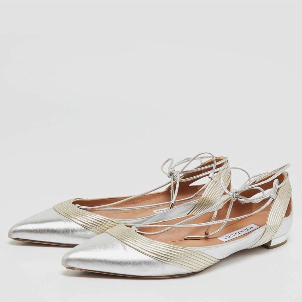 Aquazzura metallic silver & gold Christy leather tie ballet flats - size 7 (37)